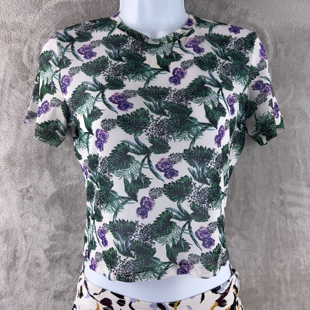 Maje Floral Mesh Shirt Top Womens Size‎ 1 White Green Purple Boho Sheer